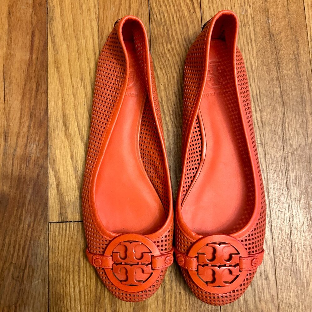 Tory Burch Aaden Perforated Travel Ballet Flats 9 (Poppy Red)